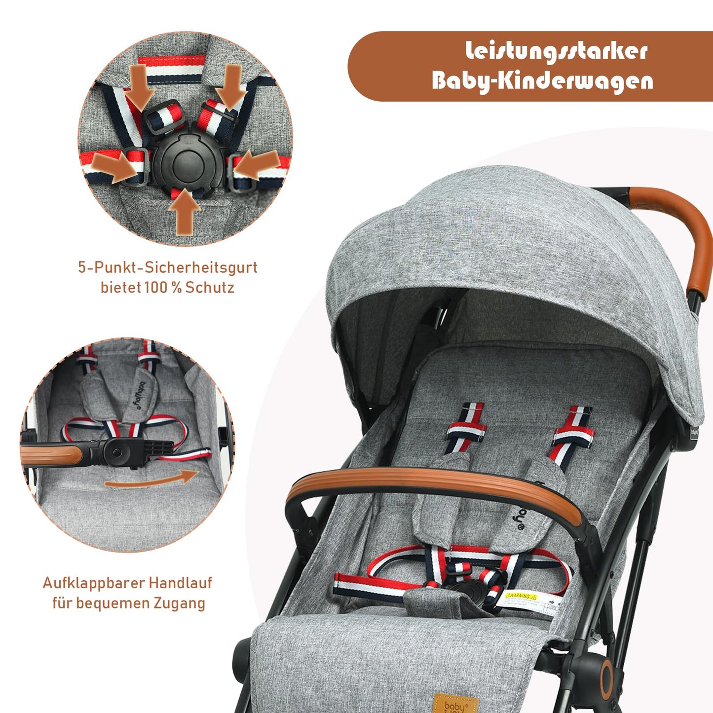 DREAMADE Children's Buggy Foldable with Reclining Function, Pram for Baby 0-3 Years, Foldable Buggy with 5-Point Safety Belt & Storage Basket & Brake (Grey)