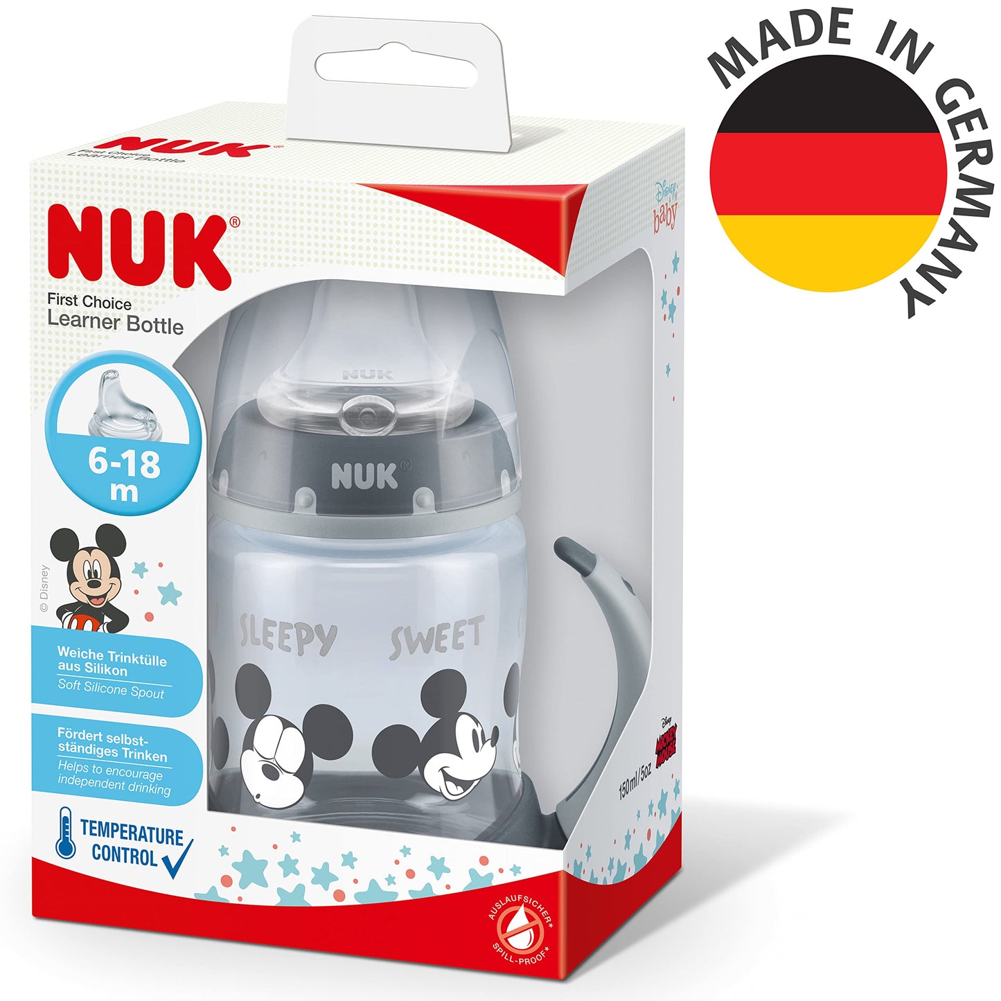 NUK First Choice+ Trinklernflasche | 6–18 Monate | 150 ml | Temperature Control Anzeige | Anti-Colic-Ventil | auslaufsichere Trinkschnabel | Ergonomische Griffe | BPA-frei | Disney Winnie Puuh blau
