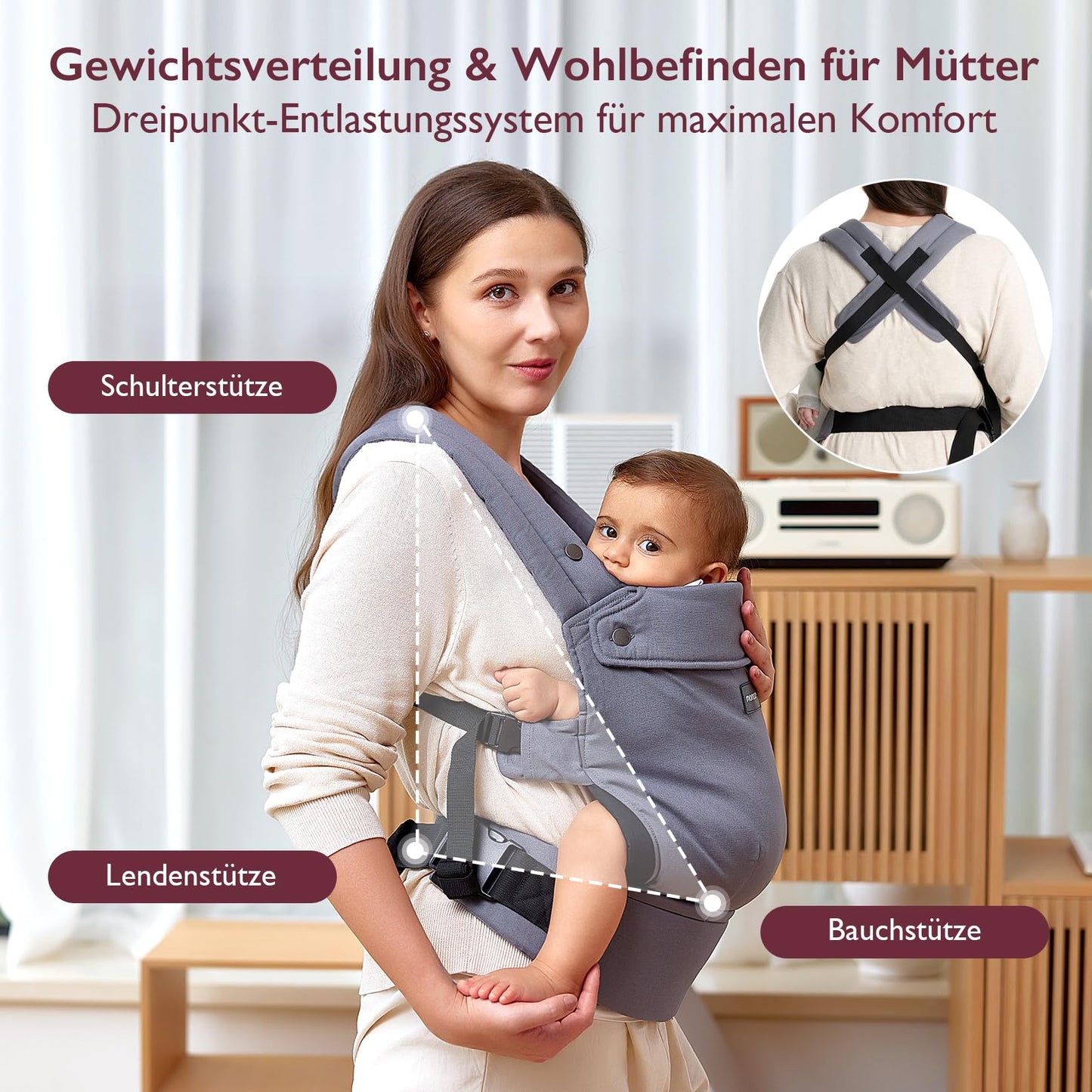 Momcozy Babytrage aus 100% Baumwolle – Baby Carrier für Kleinkind (3-24 Monate, 3,2-20 kg) · Ergonomische M-Position · X-Rücken · Taillengurt 64-127cm, Khaki