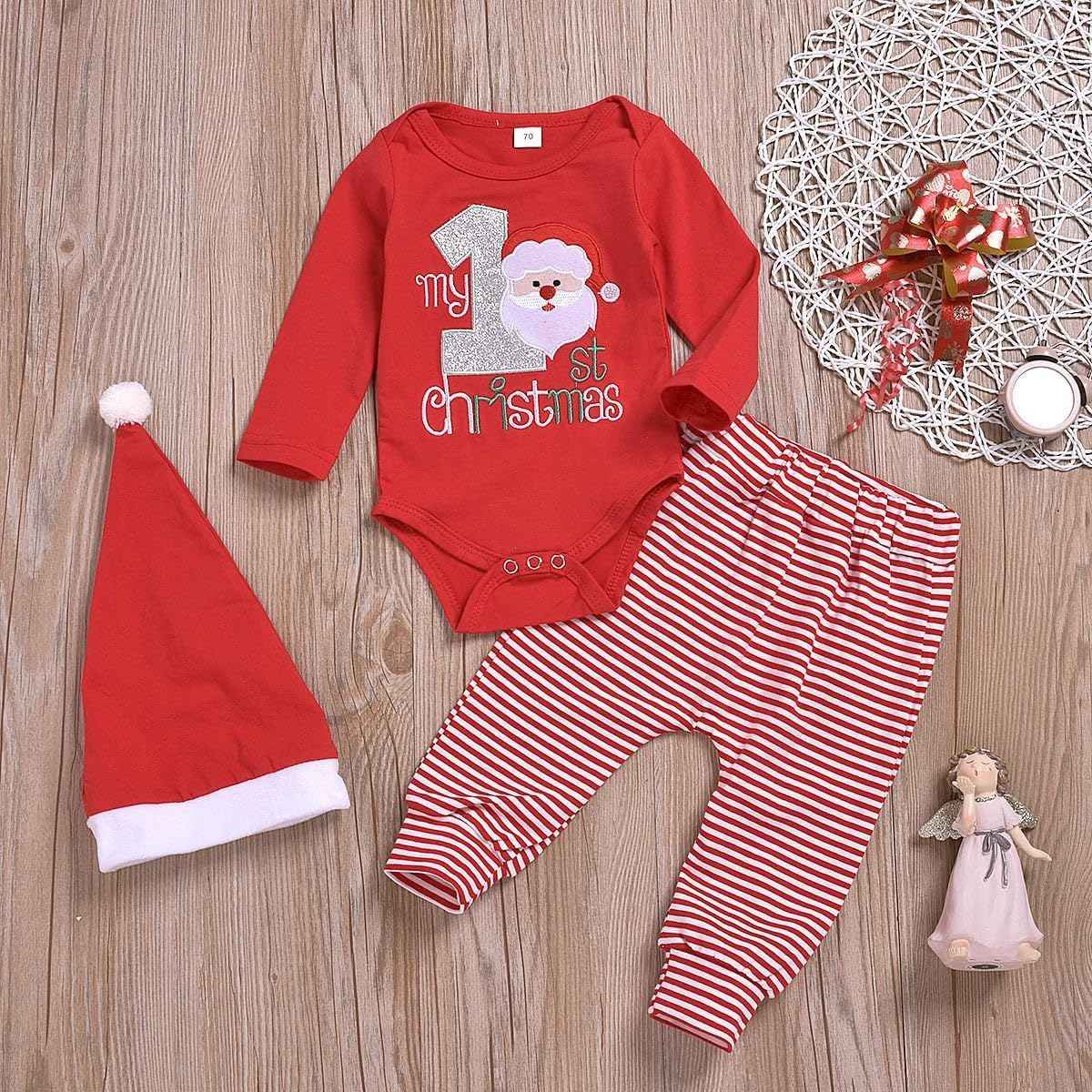 DaceStar Baby Christmas Outfit Boy Girl My First Christmas Outfit Baby Christmas Outfit Christmas Baby Clothing Newborn Set Christmas Clothes Santa Romper + Trousers + Hat 0-18 Months