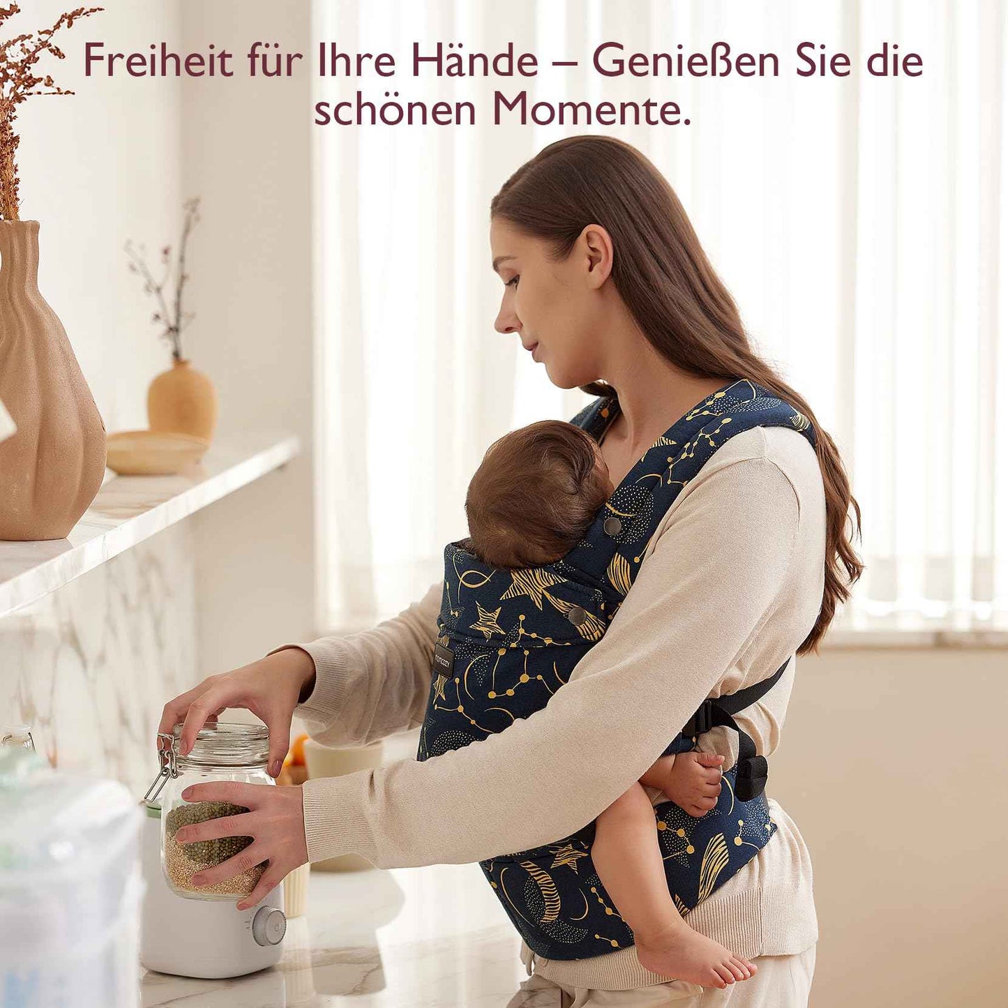 Momcozy Babytrage aus 100% Baumwolle – Baby Carrier für Kleinkind (3-24 Monate, 3,2-20 kg) · Ergonomische M-Position · X-Rücken · Taillengurt 64-127cm, Khaki