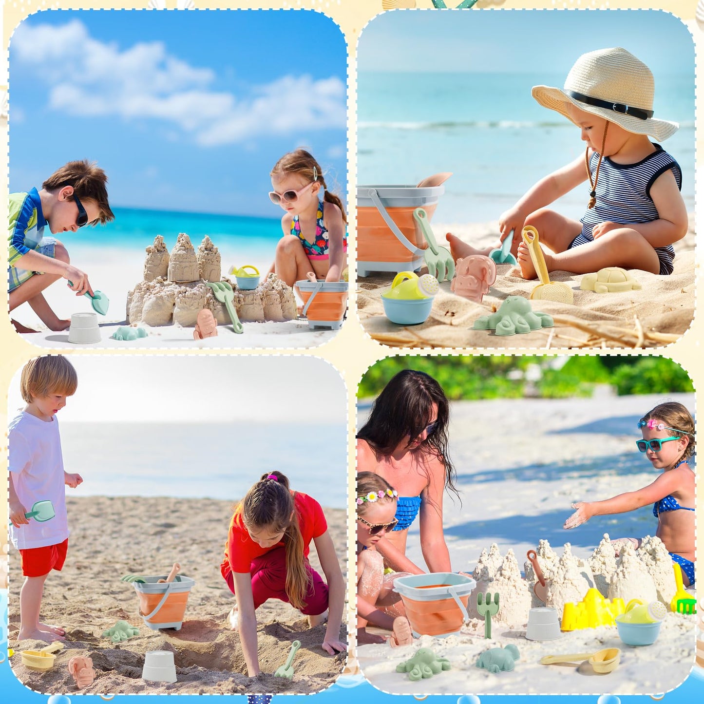 Euakee Sand Toy for Children, 11 Pieces Sand Toys with Foldable Bucket, Sanity Toy Set, Sand Toy Beach, Sandpit Toy for Children 3 4 5 6 7 Years (Orange)
