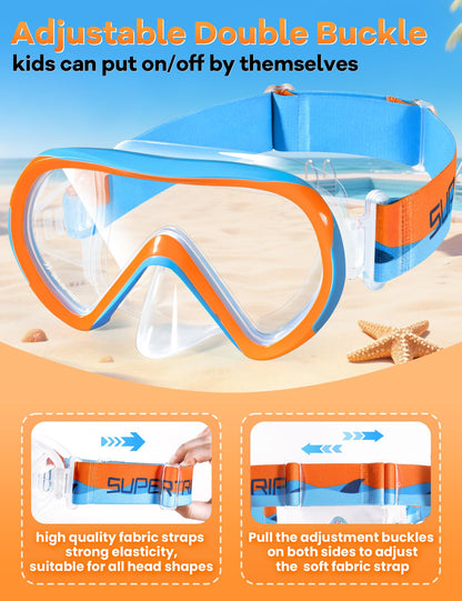 Supertrip Taucherbrille Kinder mit Stoffband,Schwimmbrille Kinder fur Mädchen Jugen,Gehärtetes Glas Schnorchelmaske Kinder mit Nase,180°Panorama Tauchmaske Schwimmmaske Kinder Anti-Leck fur 6-14 Jahre
