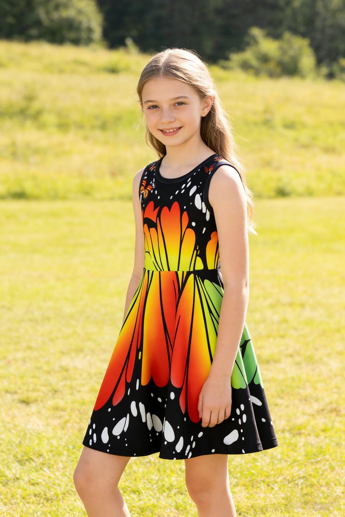 Mädchenkleid Schmetterling A-Linie Ärmelloses Sommerkleid Buntes Kleid 4-12 Jahre