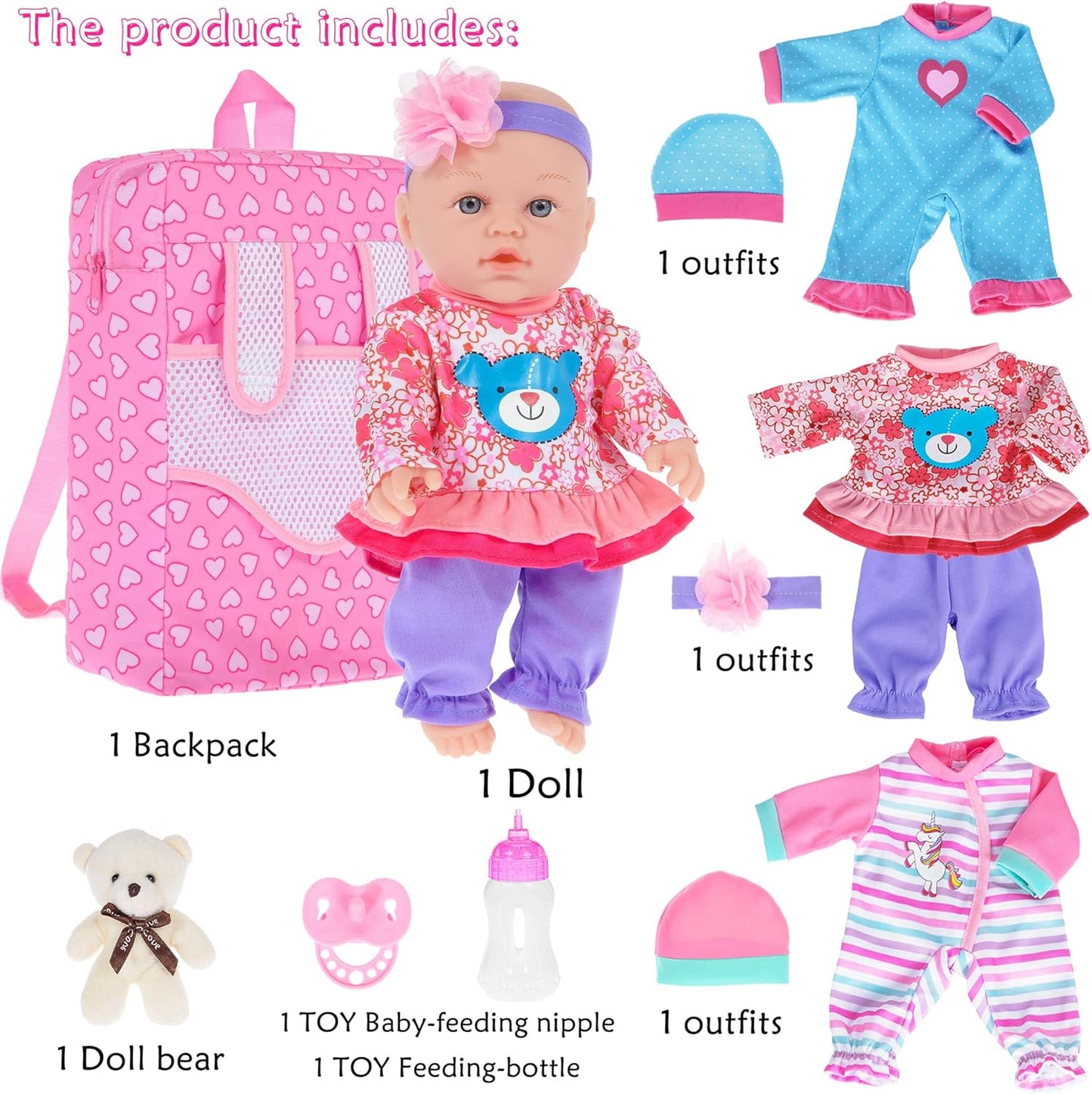 30cm / 12 Zoll Baby Puppe mit Backbag, DREI Kleidung Set, Brustwarze, Futterflasche und EIN Spielzeugbär (inklusive Puppe)