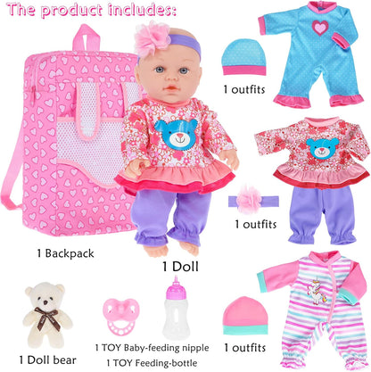 30cm / 12 Zoll Baby Puppe mit Backbag, DREI Kleidung Set, Brustwarze, Futterflasche und EIN Spielzeugbär (inklusive Puppe)