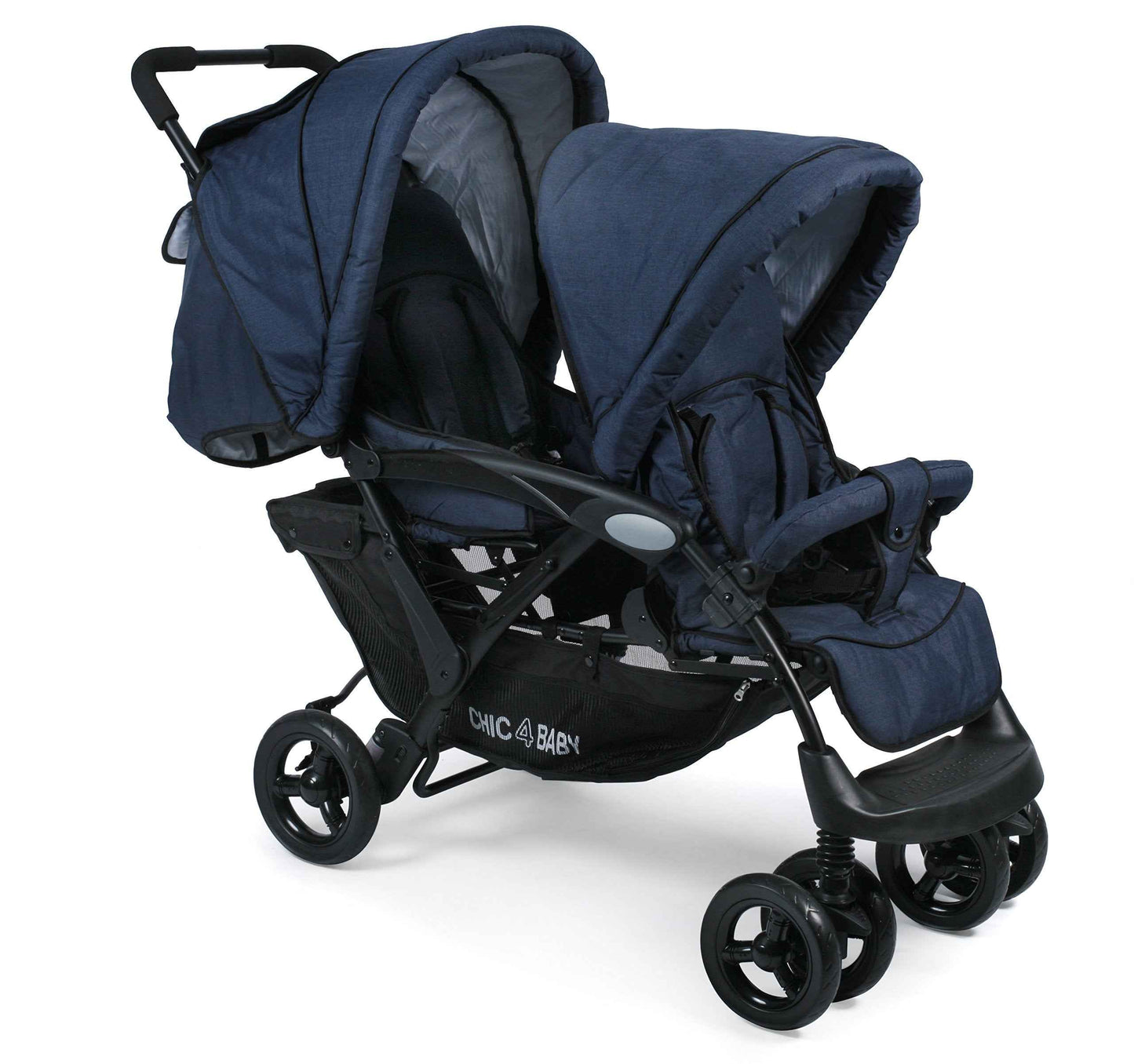CHIC 4 BABY - Geschwisterwagen DUO mit Tragetasche und Regenschutz, Geschwisterkinderwagen für zwei Kinder, Zwillingswagen, Zwillingsbuggy, Tandemkinderwagen, Tandembuggy, Kinderwagen, Jeans grau