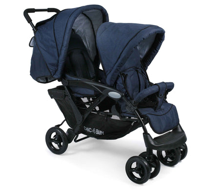 CHIC 4 BABY - Geschwisterwagen DUO mit Tragetasche und Regenschutz, Geschwisterkinderwagen für zwei Kinder, Zwillingswagen, Zwillingsbuggy, Tandemkinderwagen, Tandembuggy, Kinderwagen, Jeans grau