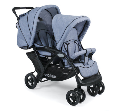 CHIC 4 BABY - Geschwisterwagen DUO mit Tragetasche und Regenschutz, Geschwisterkinderwagen für zwei Kinder, Zwillingswagen, Zwillingsbuggy, Tandemkinderwagen, Tandembuggy, Kinderwagen, Jeans grau