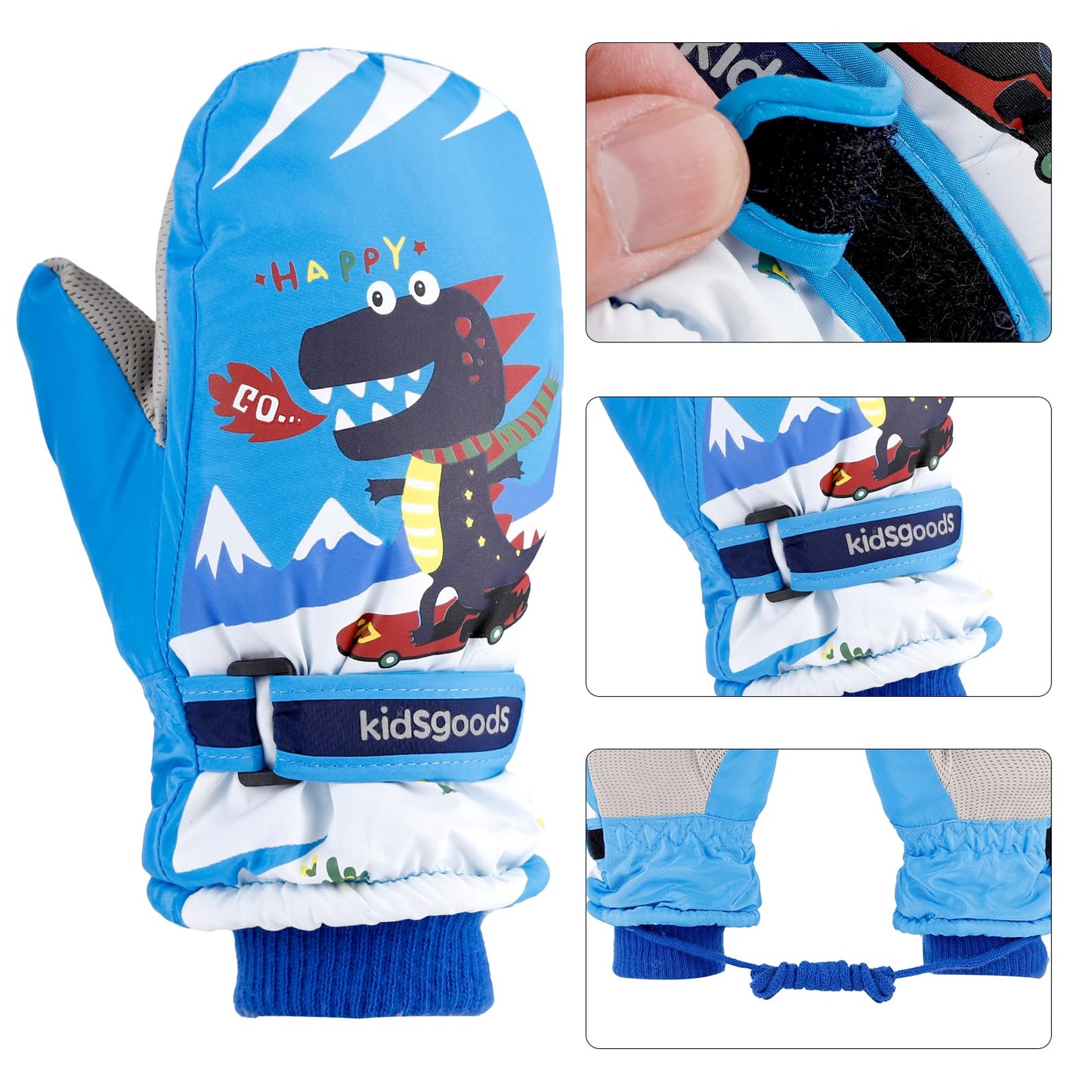 KAKU NANU Children's Winter Gloves 2-10 Years Ski Gloves Waterproof Warm Fleece Cartoon Children's Gloves Mittens with Cord Outdoor Snowboard Gloves Children Boys Girls Blue Red Pink Purple