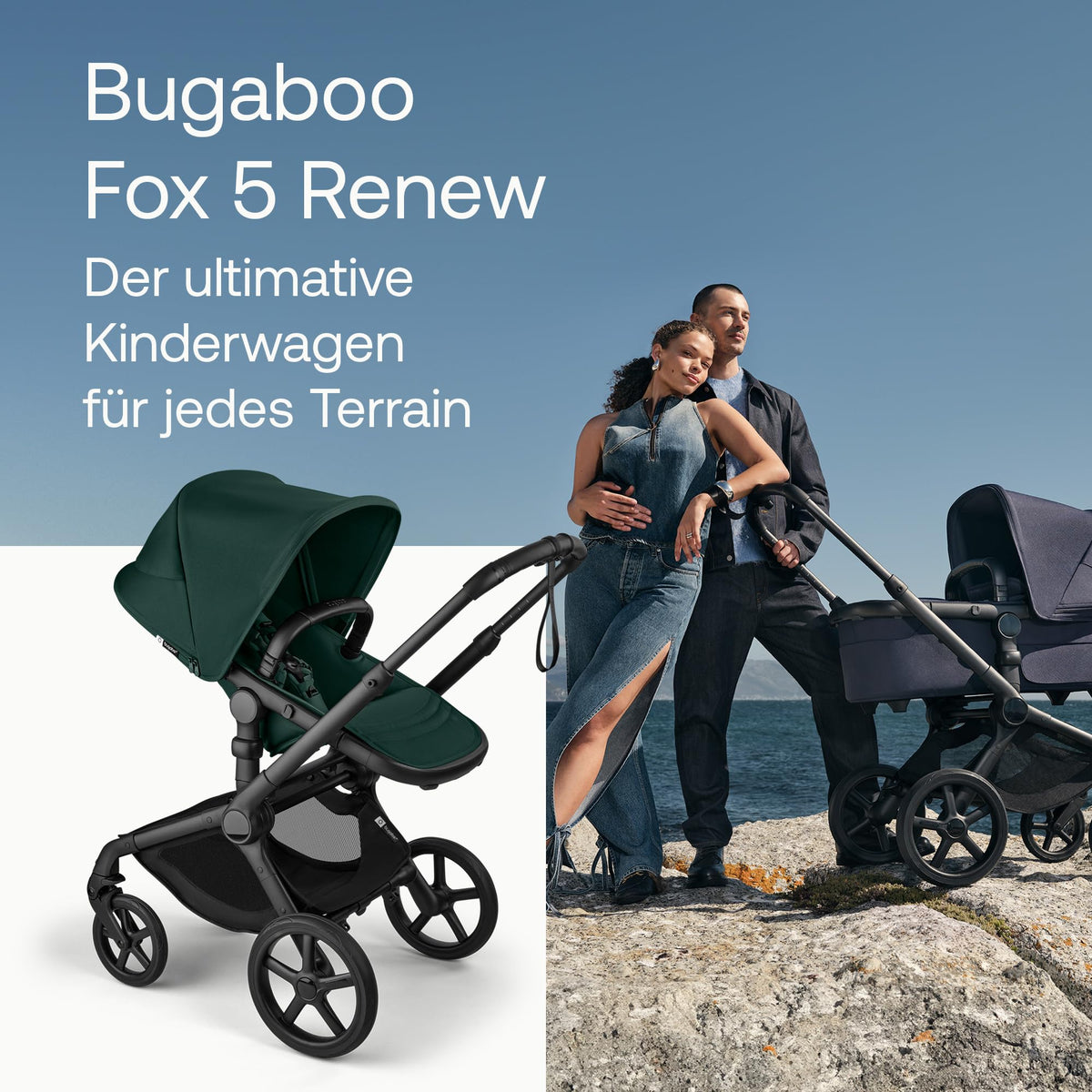 Bugaboo Fox 5 Renew, 2-in-1 Kinderwagen für jedes Gelände, mit Liegewanne | ausziehbarer Kleinkindsitz, praktische Ein-Hand Faltung, Fahrgestell in Schwarz und Sonnendach in Forest Green ab Lager
