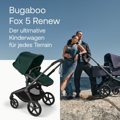 Bugaboo Fox 5 Renew, 2-in-1 Kinderwagen für jedes Gelände, mit Liegewanne | ausziehbarer Kleinkindsitz, praktische Ein-Hand Faltung, Fahrgestell in Schwarz und Sonnendach in Forest Green ab Lager