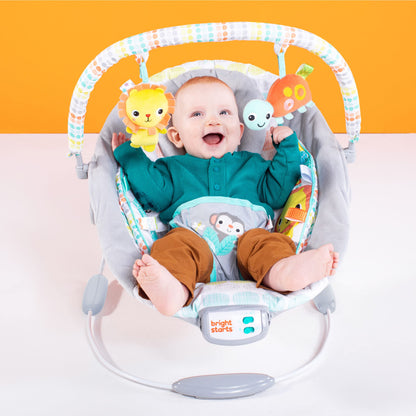 Bright Starts, Babywippe Babyschaukel mit beruhigenden Vibrationen, Babysitz, Musik, abnehmbarer Spielbügel, 0-6 Monate, bis zu 20 lbs (Whimsical Wild)