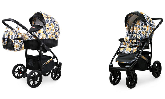 BabyLux Miracle 2-in-1 Baby Pushchair Deep and Pushchair with Accessories Adjustable and Foldable Aluminum Construction Waterproof Non-Removable Wheels Gold Leaf 