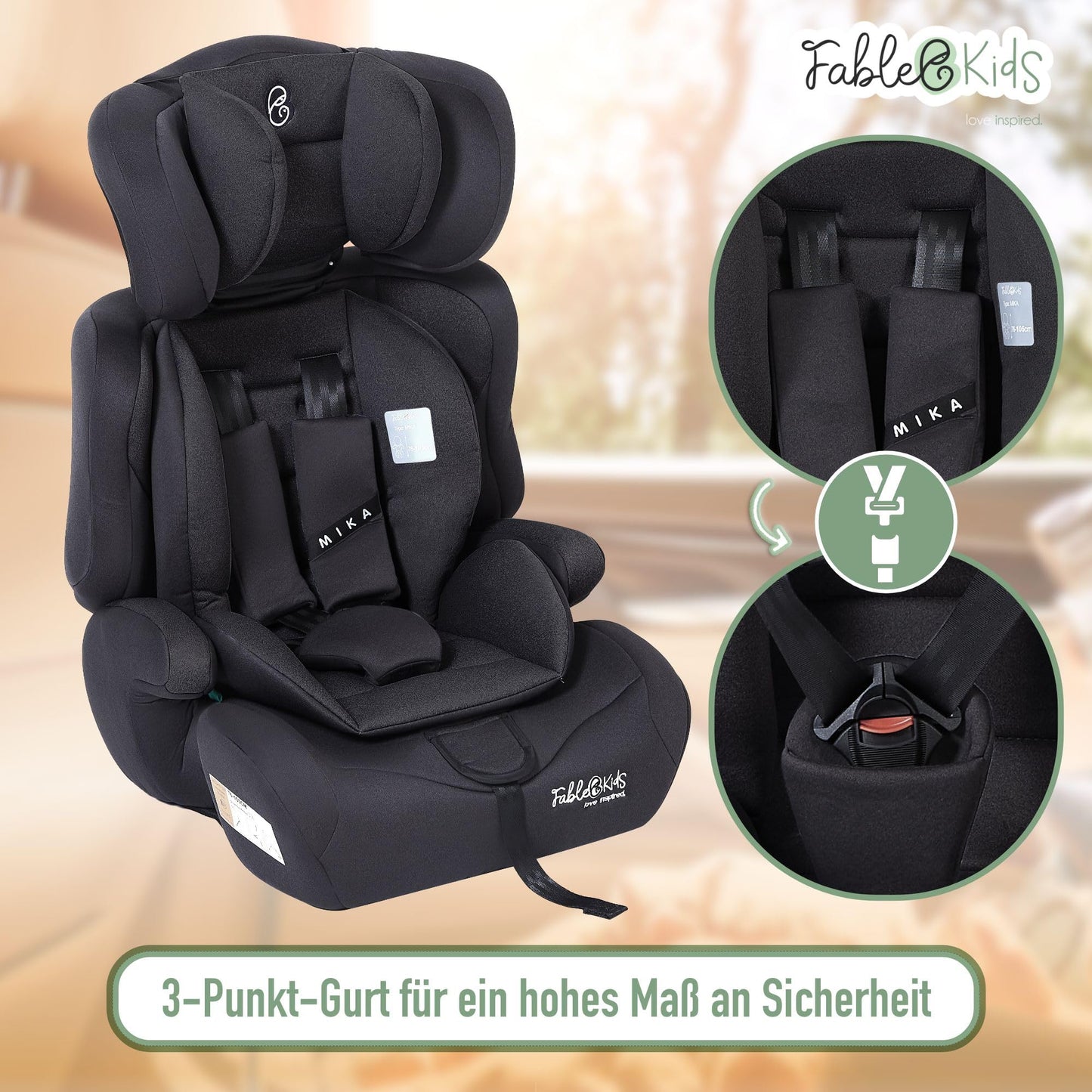 FableKids Kinderautositz 9-36 kg | 3-Punkt-Sicherheitsgurt | Autokindersitz ab 15 M. | Autositz für Kinder 76-150 cm | Kindersitz einstellbare Kopfstütze ECE R129/03 | Verstellbar | Schwarz