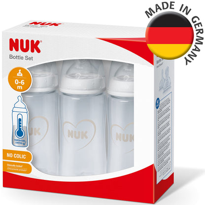 NUK Perfect Match Babyflaschenset | Ab 3 Monate | Passt sich dem Baby an | Temperature Control | Anti-Colic | 260 ml | BPA-frei | Silikontrinksauger, Medium | Regenbogen und Herz | 3 Stück - Meloni2