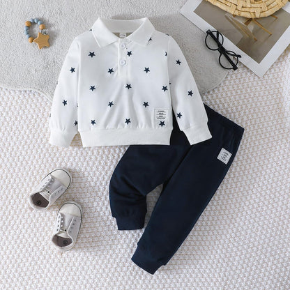 Kleinkind Baby Jungen Kleidung Outfits Langarm Turn-Down Kragen Plain / Checked Sweatshirt und Hose 2 Stück Herbst Winter Trainingsanzug Set