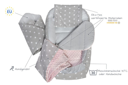 Medi Partners Babynestchen Babynest Set 100x60x15 Kuschelnest 5 teilig herausnehmbarer Einsatz Kokon Nestchen Babys Neugeborene 100% Baumwolle (REH mit Grauem Minky)