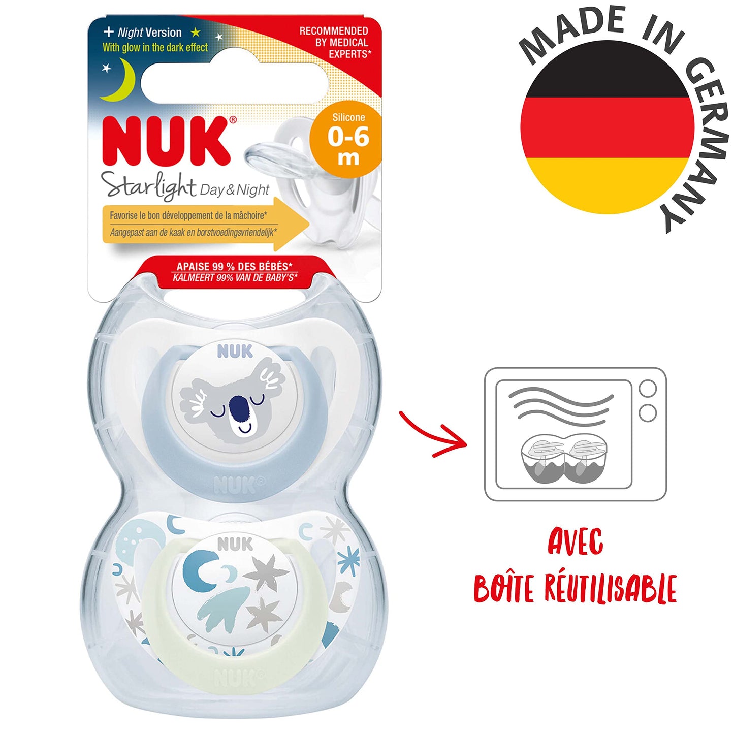 NUK Star Night & Day Baby Schnuller | 0-6 Monate | im Dunkeln leuchtend | BPA-freies Silikon | Koala blau | 2 Stück