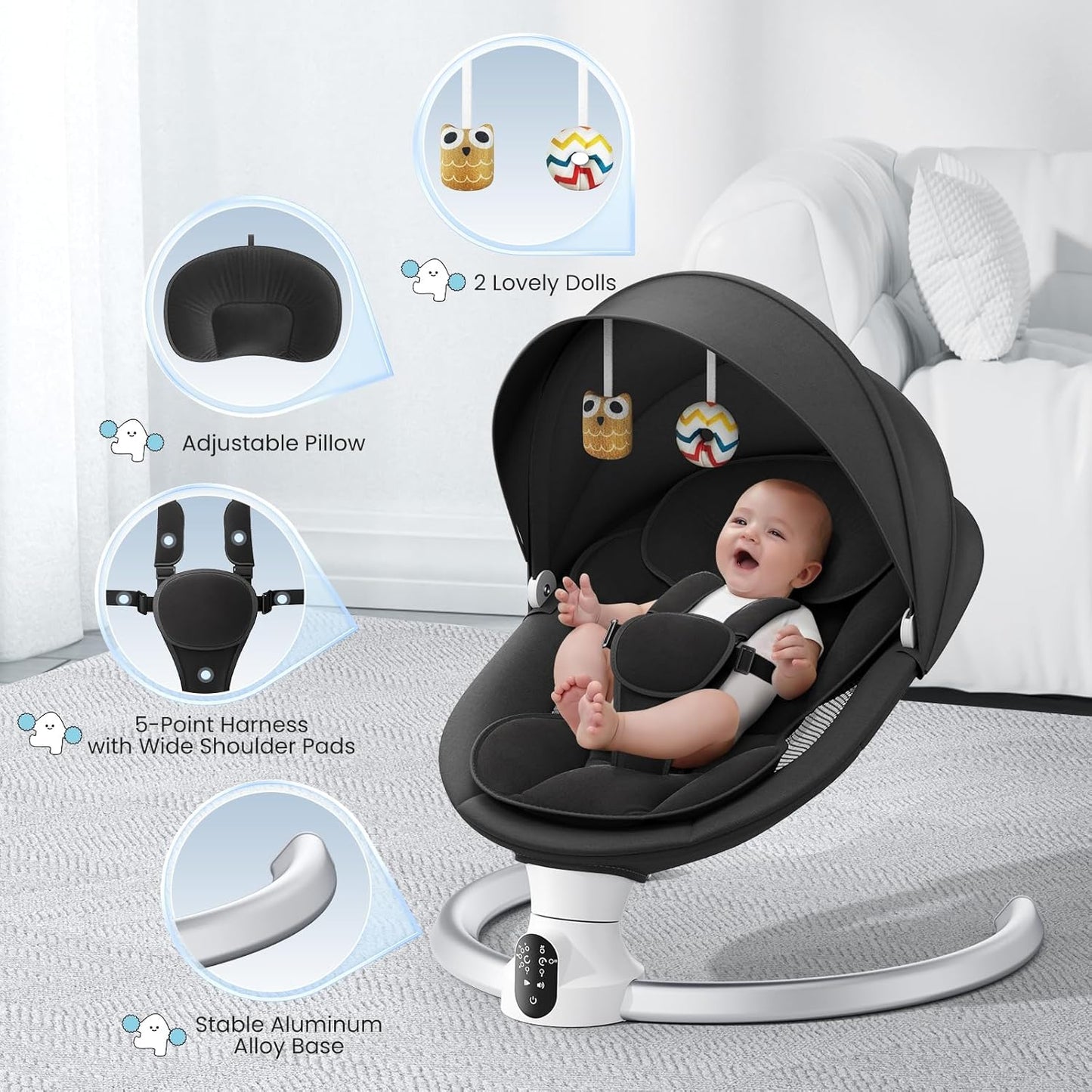 BlundiQue Babywippe Elektrisch mit Mobile App Steuerung und Fernbedienung,Elektrischer Babyschaukel Stuhl mit 5-Schwing Amplituden 3-Stufen Timer Elektrischer Prahler für Baby (schwarz)