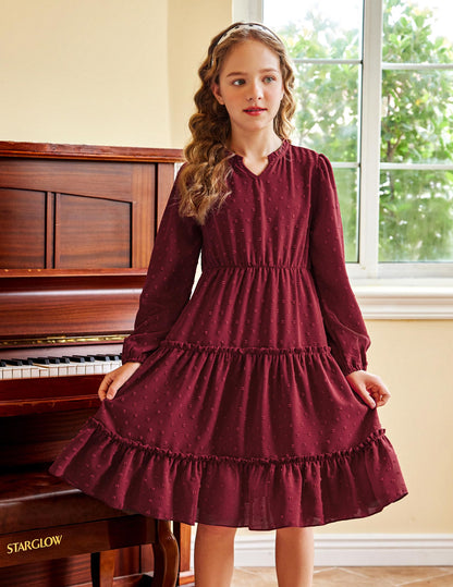 Arshiner Dress Girls Festive Flounce V-Neck Long Sleeve Dress Swiss Dot Chiffon Dress Children Tiered Dress A-Line Party Dress Wedding Princess Dress Swing Skater Dress 5-12 Years 