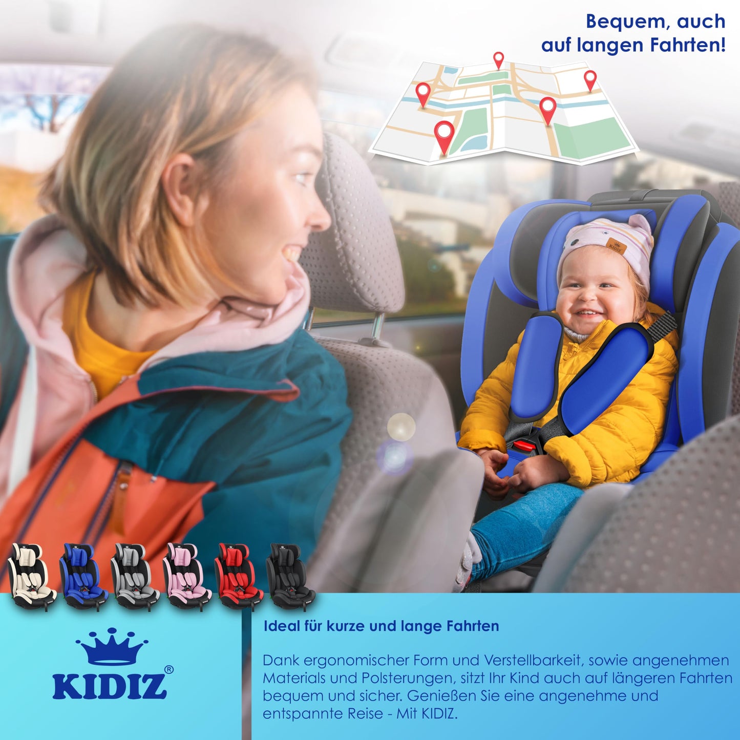 KIDIZ® Autokindersitz Kinderautositz Gruppe 1+2+3 9-36 kg 5-Punkt-Sicherheitsgurt, Autositz, Kindersitz, Einstellbare Kopfstütze, Mitwachsende Sitzerhöhung 1-12 Jahre, Stabil und Sicher