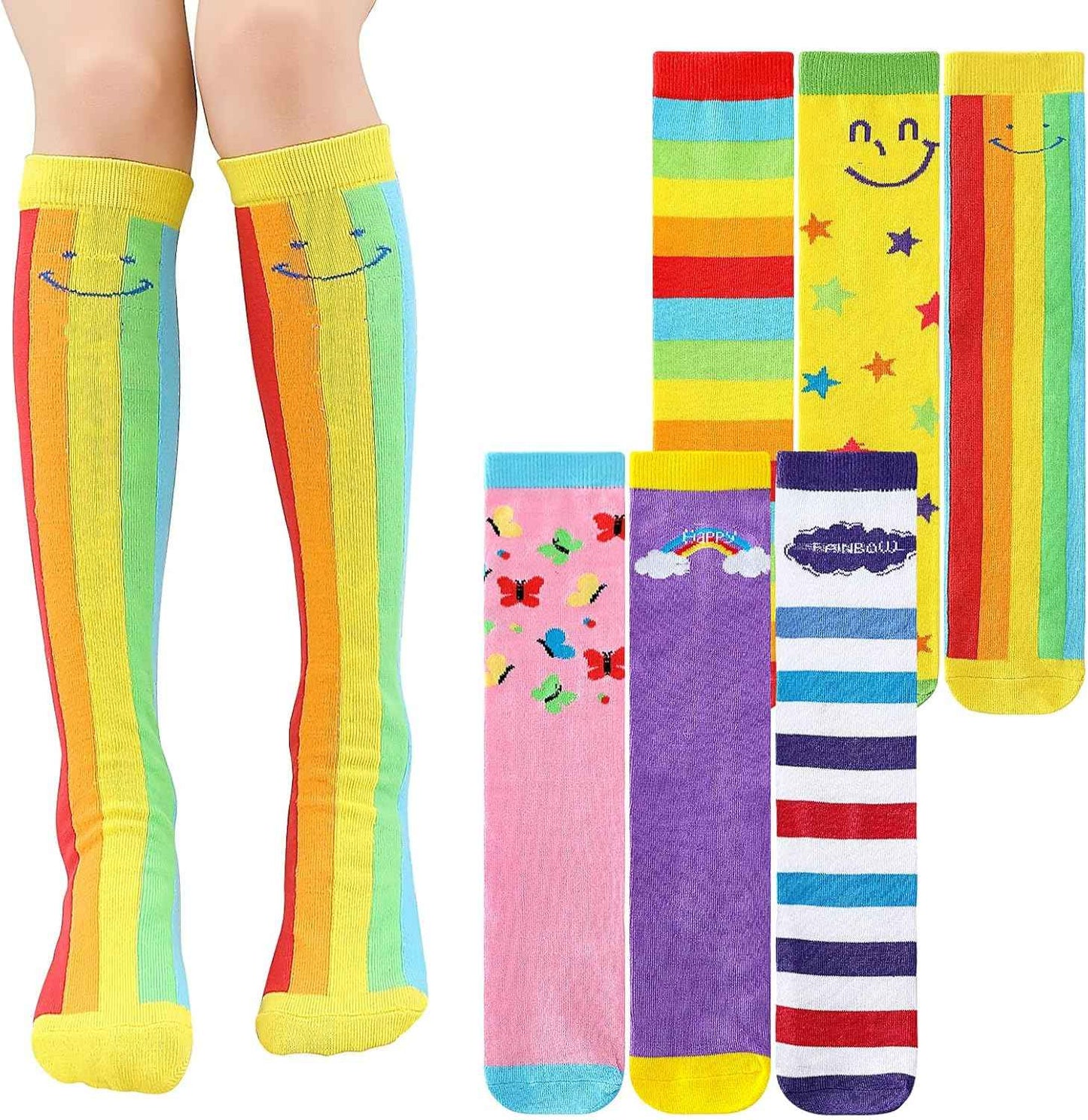 XEPST 6 Pairs Girls Knee Socks - Cartoon Design Warm Cotton Knee Socks Mid-Calf Boots Socks Funny Socks for School Odd Socks Day 3-12 Years Girls One Size Rainbow, rainbow