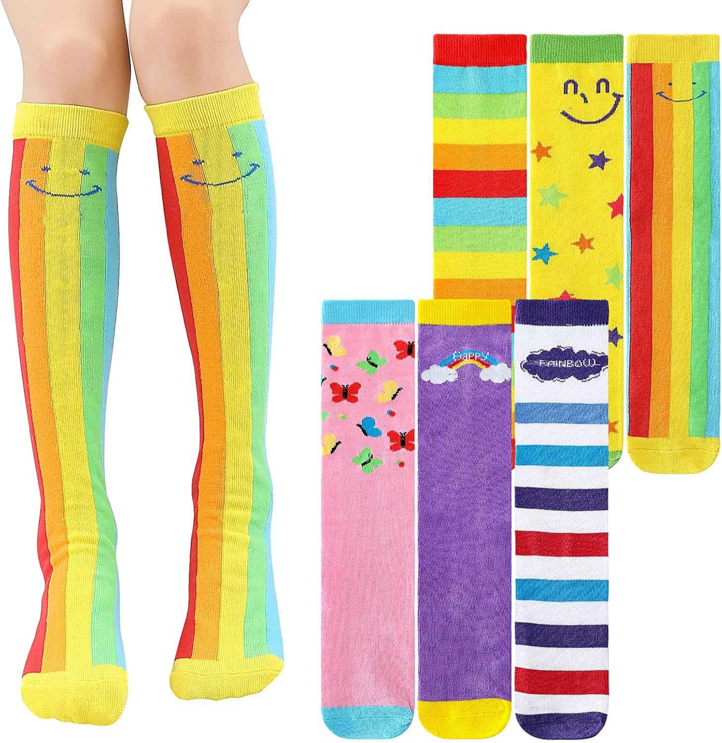 XEPST 6 Pairs Girls Knee Socks - Cartoon Design Warm Cotton Knee Socks Mid-Calf Boots Socks Funny Socks for School Odd Socks Day 3-12 Years Girls One Size Rainbow, rainbow