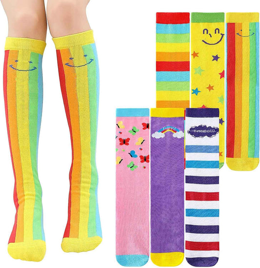 XEPST 6 Pairs Girls Knee Socks - Cartoon Design Warm Cotton Knee Socks Mid-Calf Boots Socks Funny Socks for School Odd Socks Day 3-12 Years Girls One Size Rainbow, rainbow