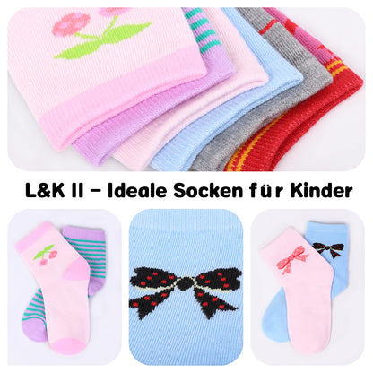 L&K-II 10/12 Paar Kinder Mädchen Socken aus Baumwolle Kleinkind niedliche Muster Kids Sneakersocken bunt 2808VA