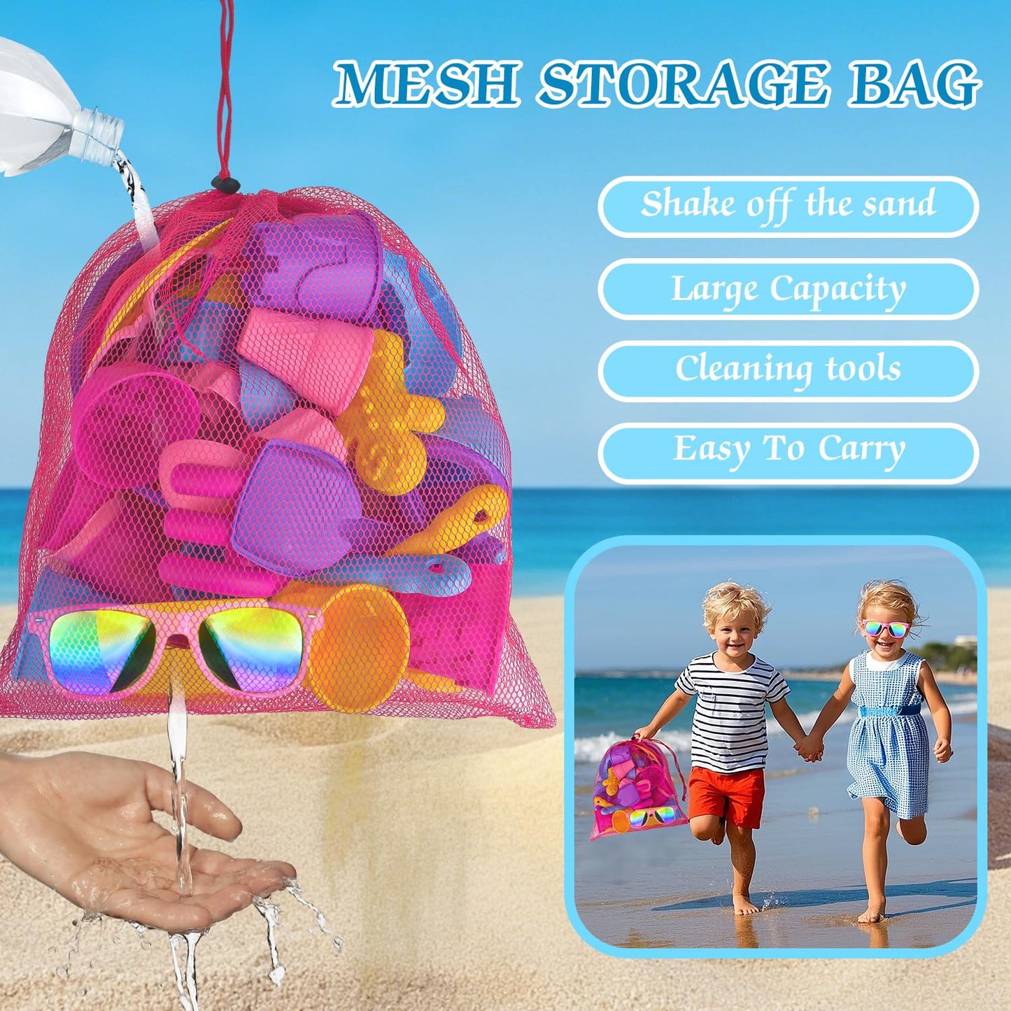 Fegalop Sand Toy Set for Girls 31 Pieces, Sandpit Toy Beach Toy with Folding Bucket, Beach Toy Children with 5 Sand Shovel, Bucket, Sand Shapes, Sunglasses, Mesh Bag for Children