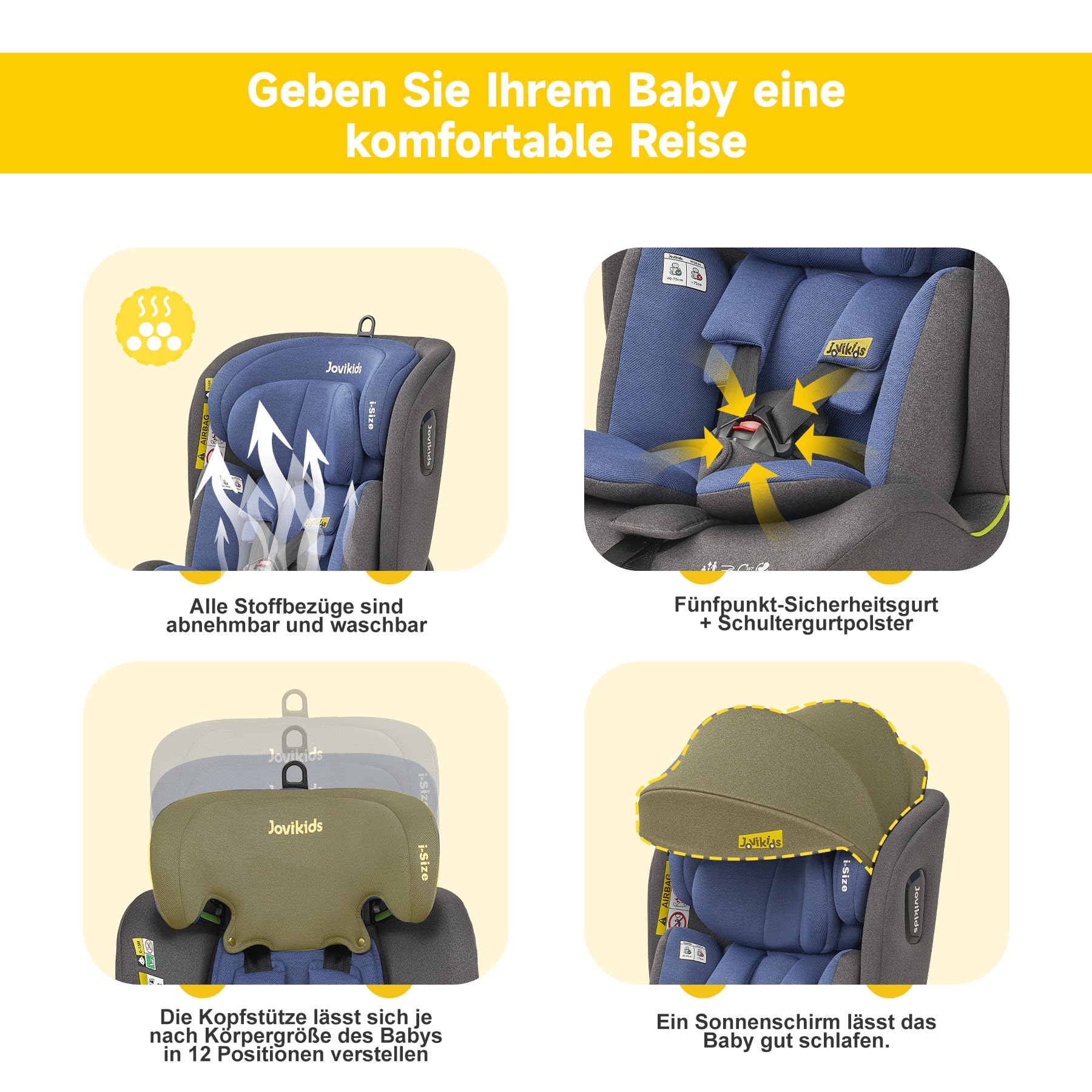 Jovikids 360° Drehbar Kindersitz mit ISOFIX, i-Size 40-150cm(ab Geburt -12 Jahre) Baby Autositz Reboarder mit Liegefunktion & Abnehmbar Vordach, ECE R129 (Rosa) - Meloni2