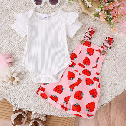 Baby Mädchen Sommer Outfits Rüschen Kurzarm Ripptop+ Blumen/Herzmuster Overalls Shorts Mit Tasche Süßes 2-Teiliges Kleidungsset