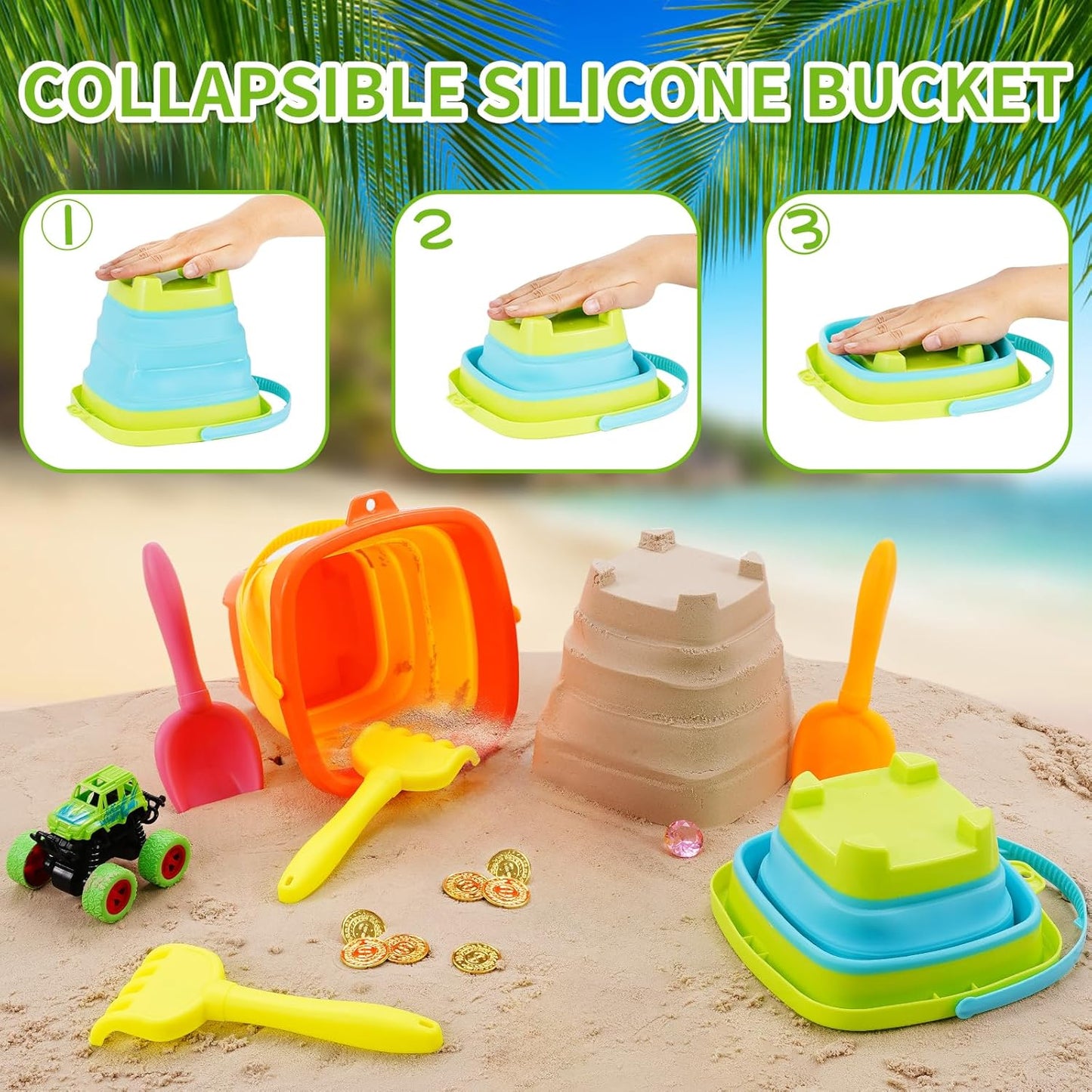 Echehi Sand Toy Set for Boys Girls 30 Pieces, Sandpit Toy Beach Toy with Folding Bucket, 16 Inch Water Ball, Monster Truck, Gemstones, Summer Toy for Indoor and Outdoor Use