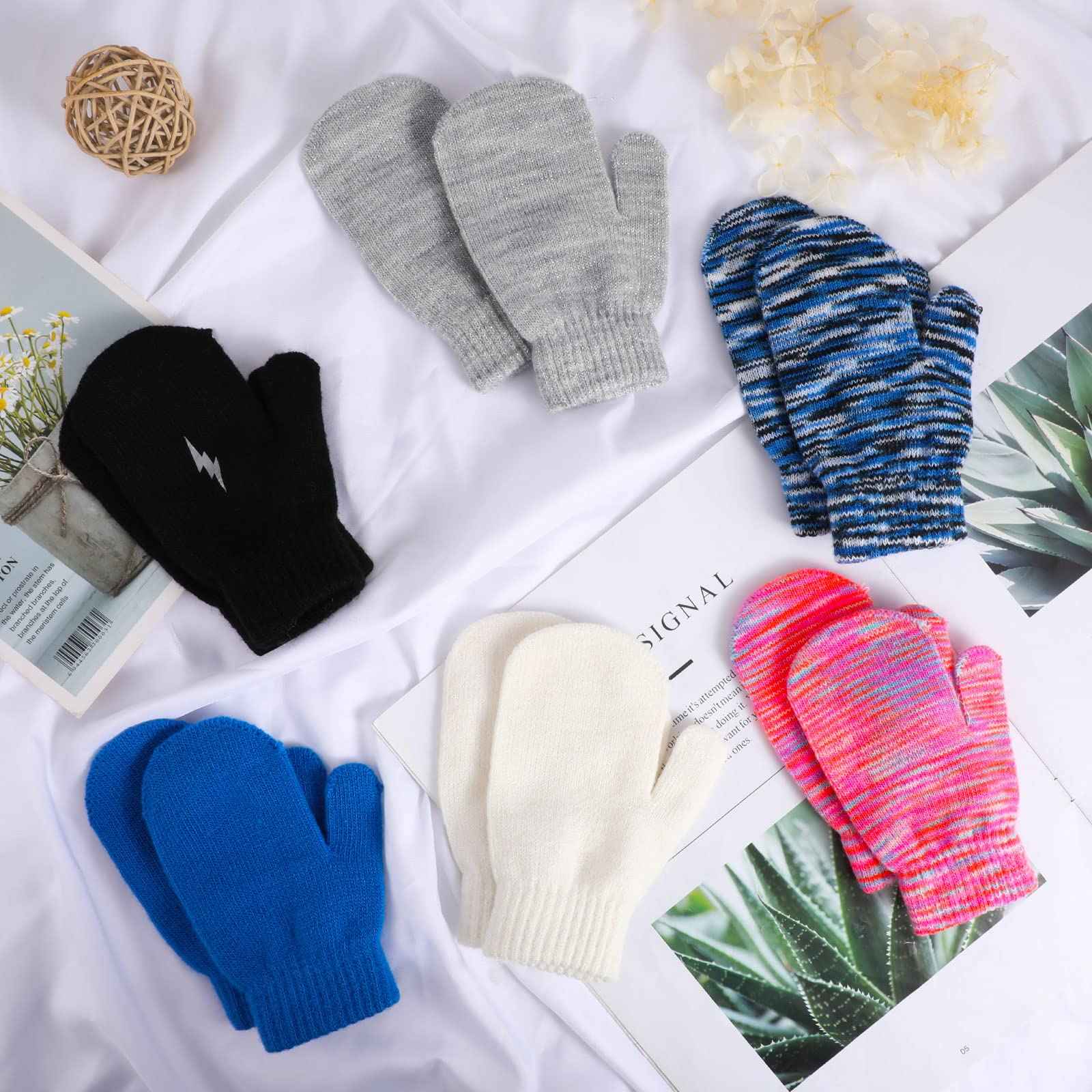 TAGVO 6 Pairs of Winter Magic Gloves, Children's Stretchy Warm Magic Gloves & Mittens Boys or Girls, Knitted Gloves, Unisex Knitted Full Finger Mittens for 5-13 Years