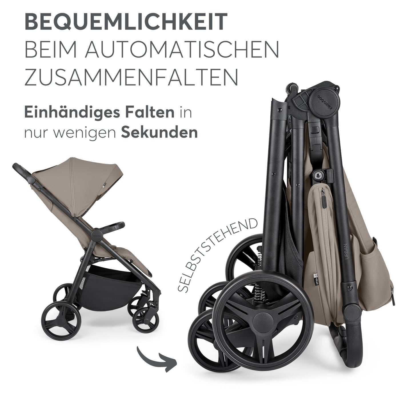 KikkaBoo Reisebuggy Kinderwagen URBAN, Buggy mit Liegefunktion ab Geburt bis 22 kg, Klein Zusammenklappbar, Leicht, EVA Räder mit Federung, Höhenverstellbarer Griff, Beige