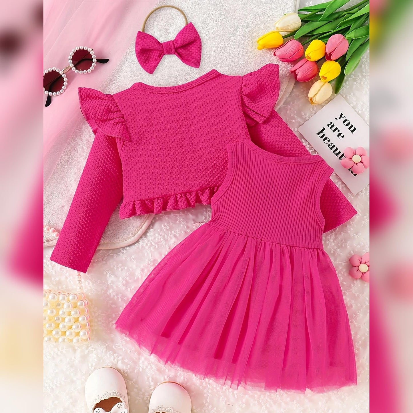 Baby Mädchen Kleid Strickjacke Sets 3 Stück Neugeborene Kleidung Jäckchen + Kleid + Stirnband Frühling Sommer Herbst Winter Langarm Jacke Ärmelloses Kleid für Hochzeit Weihnachten
