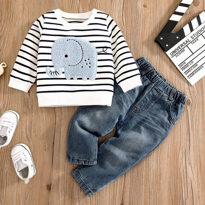 Kleinkind Baby Jungen Kleidung Niedliche Tierdruck Langarm Sweatshirt Tops und Jeans Set Herbst Winter Baby Junge Jeans Casual 2-teiliges Outfit