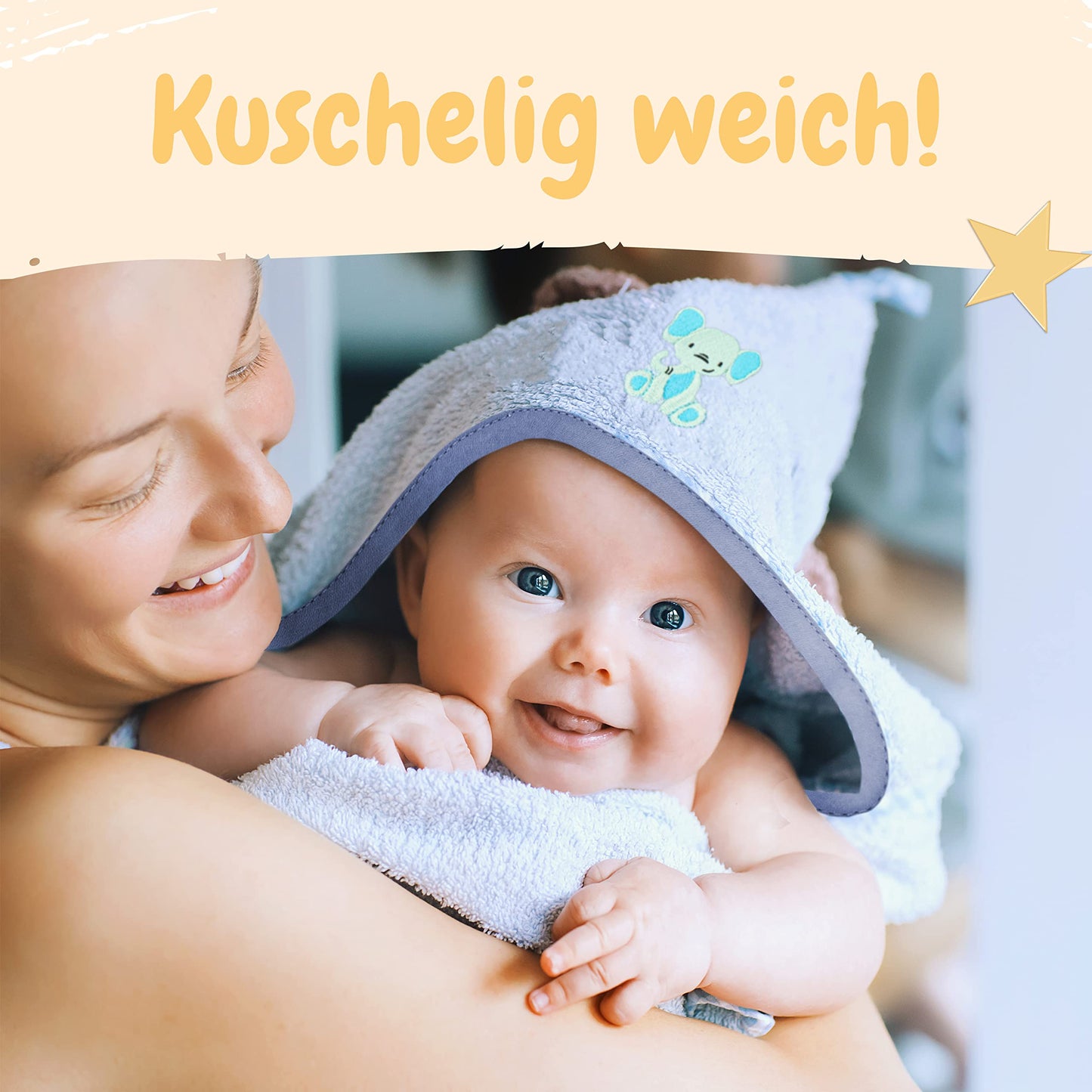 Babykajo Baby-Kapuzenhandtuch-Set mit 2 Waschlappen, Öko-Tex Standard 100 zertifiziert, weiches Frottee-Babyhandtuch mit Kapuze, 80 x 80 cm
