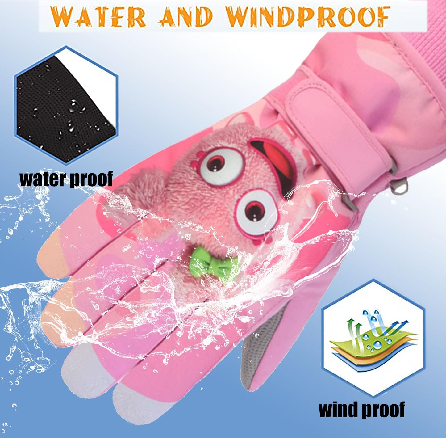 HNGEMSY Children's Winter Snow Gloves Ski Gloves for 2-13 Years Girls Boys PU Palm Waterproof Windproof Warm Fleece Winter Gloves