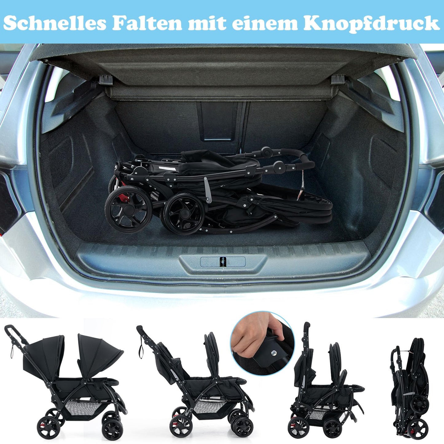 COSTWAY Folding Double Pushchair, Twin Pushchair with Adjustable Backrest and Hood, Travel Buggy with Reclining Function, Twin Buggy Pushchair for Baby from 6 Months, 30 kg Load Capacity (Grey)