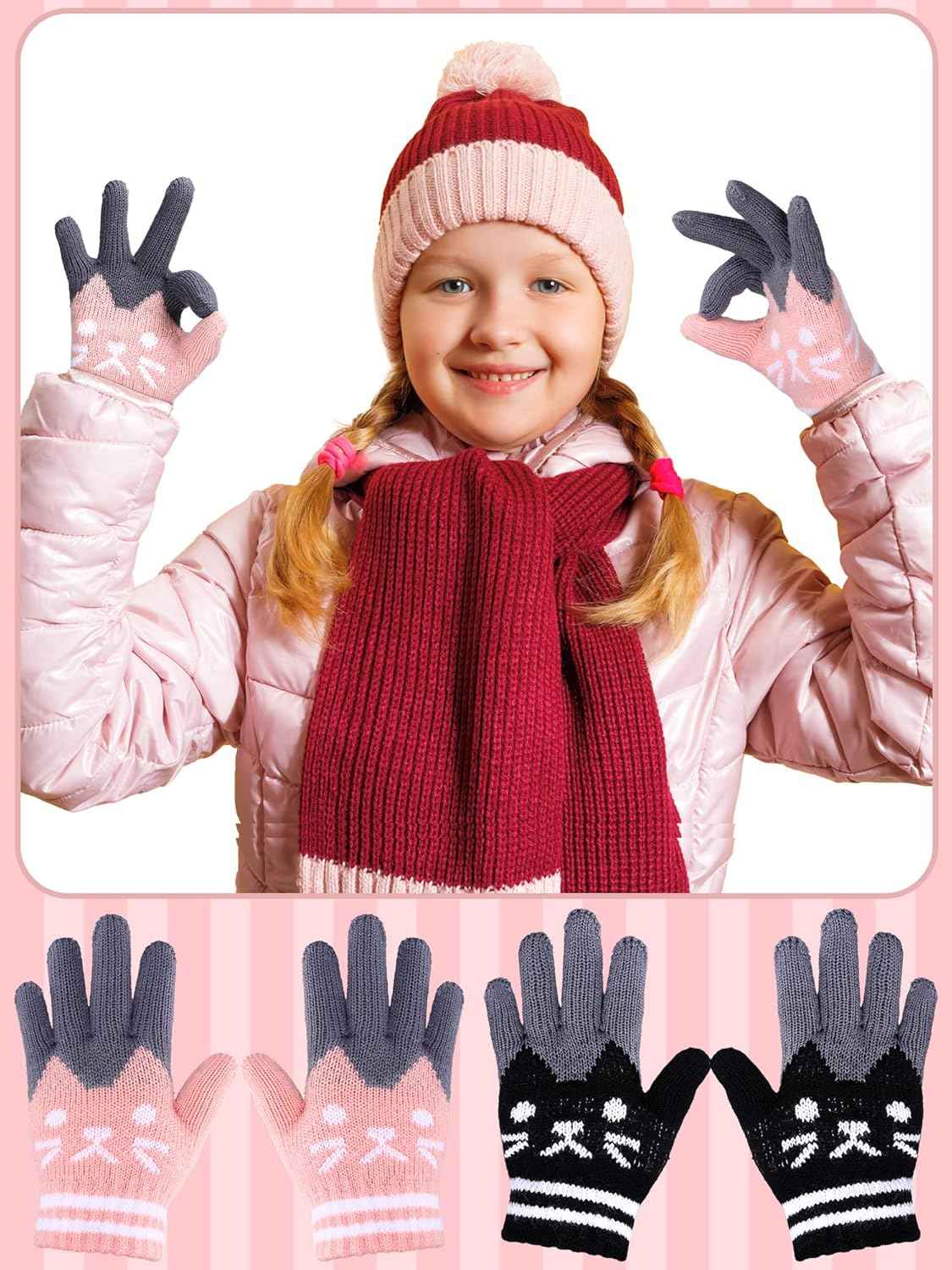SATINIOR 2 Paar Winter Kinder Handschuhe Katze Fäustlinge Warme Gestrickte Handschuhe für 6-12 Jahre, Schwarz und Rosa