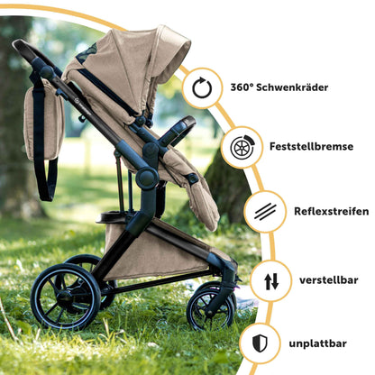 Bergsteiger Lugo 3-in-1 Pushchair Complete Set Including Accessories - Baby Seat, Buggy Attachment, Sun Protection & Weather Footmuff | Isofix Station Available