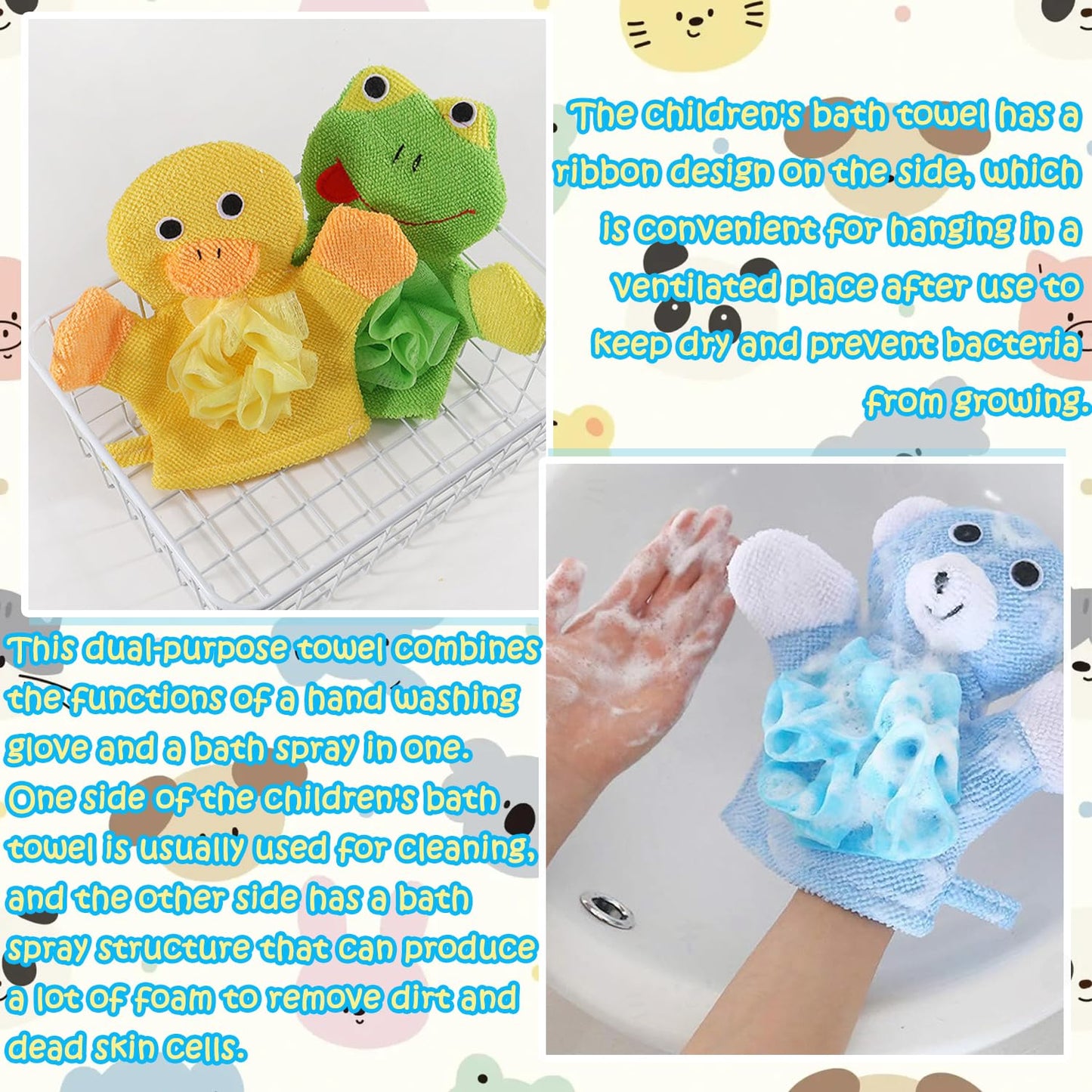 Wash Mitt with Animal Motif, Pack of 4 Wash Cloths Baby, Baby Bath Gloves, Baby Wash Cloths with Animal Motif, Baby Wash Cloth, Cartoon Baby Bath Glove, for Toddlers, Children, Bathroom, Shower