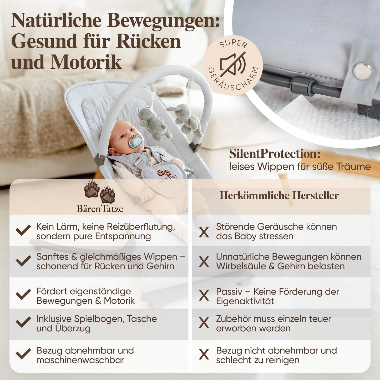 BärenTatze Baby Rocker Newborn from Birth, Ergonomic, Height Adjustable with Play Arch and Storage Bag, Baby Swing, Baby Bouncer, Swing, Cradle, Rocker, Grey Quilted Pattern