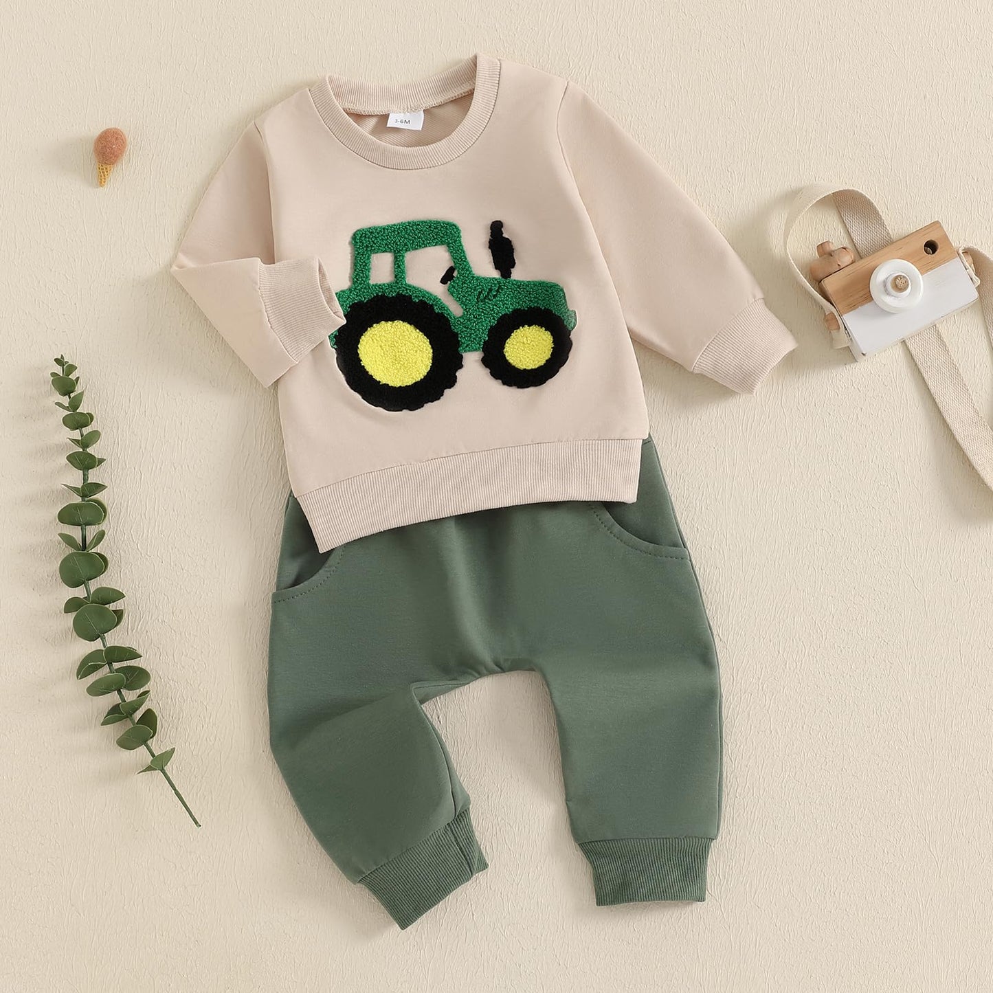 Baby-Frühlings-Outfit für Jungen, Trainingsanzüge mit Traktor-/Auto-Print, Sweatshirts mit langen Ärmeln mit Autodruck + elastische Kordelzughose, 2-teiliges Sportbekleidungsset, weiche Traktor-Outfits
