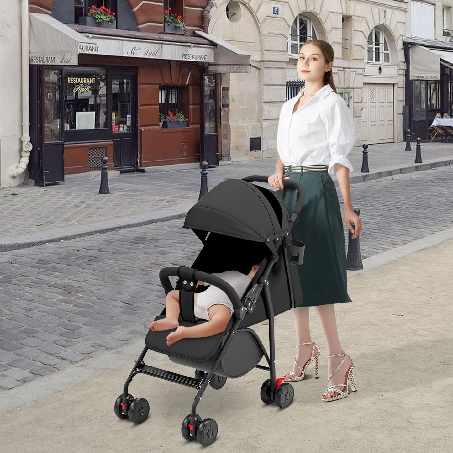 Buggy für Babys, ultraleicht, kompakt, faltbar und neigbar, von Geburt bis 25 kg, mit Trolley-System, Regenschutz inklusive, ausziehbarer Haube, C-schwarz