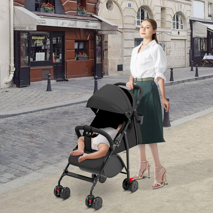 Buggy für Babys, ultraleicht, kompakt, faltbar und neigbar, von Geburt bis 25 kg, mit Trolley-System, Regenschutz inklusive, ausziehbarer Haube, C-schwarz