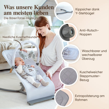 BärenTatze Baby Rocker Newborn from Birth, Ergonomic, Height Adjustable with Play Arch and Storage Bag, Baby Swing, Baby Bouncer, Swing, Cradle, Rocker, Grey Quilted Pattern