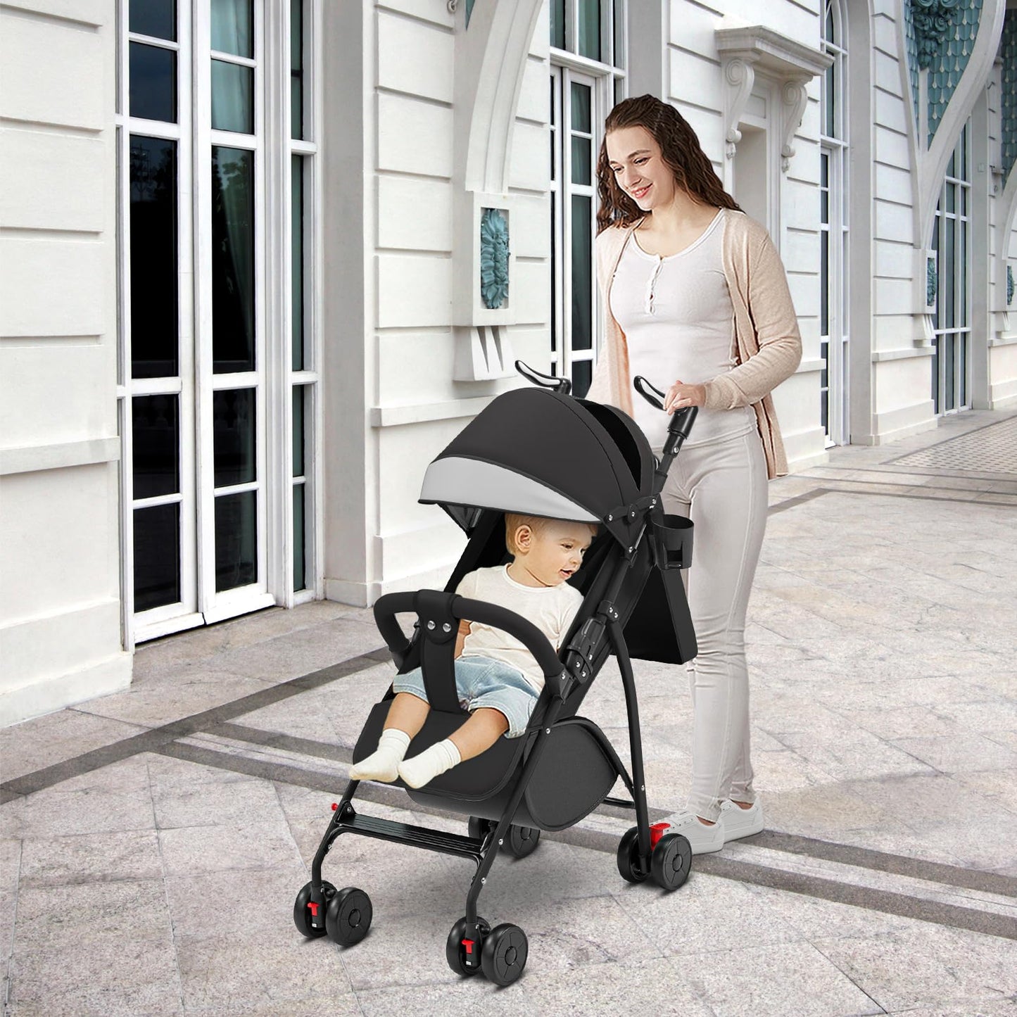Kinderbuggy, Klein Zusammenklappbar Kinderwagen,Rücken und Fußstützenverstellung,Hinterradbremse,5-Punkt-Gurt,Einfaches Ein-Hand-Falten,Baby Reisebuggy